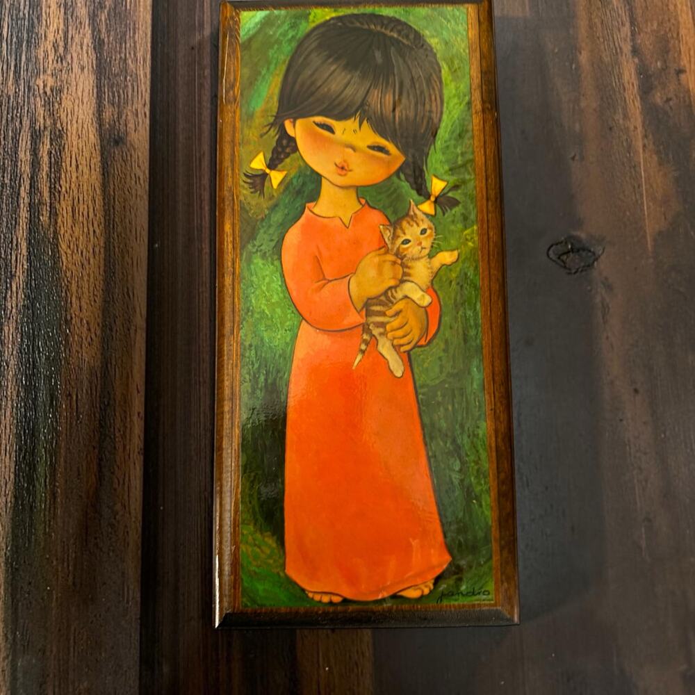 Vintage Jandro Big Eye Girl Kitten Wood Plaque Litho USA 1960s MCM Wall Art Cat